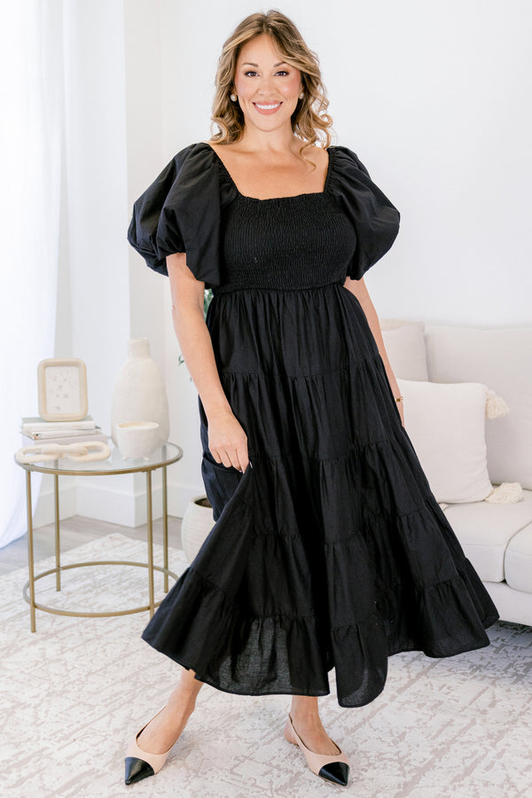 Chic Soul plus size clothing, short-puffed-sleeve black ruffled baby doll midi dress with a smocked bodice and a square-neckline 