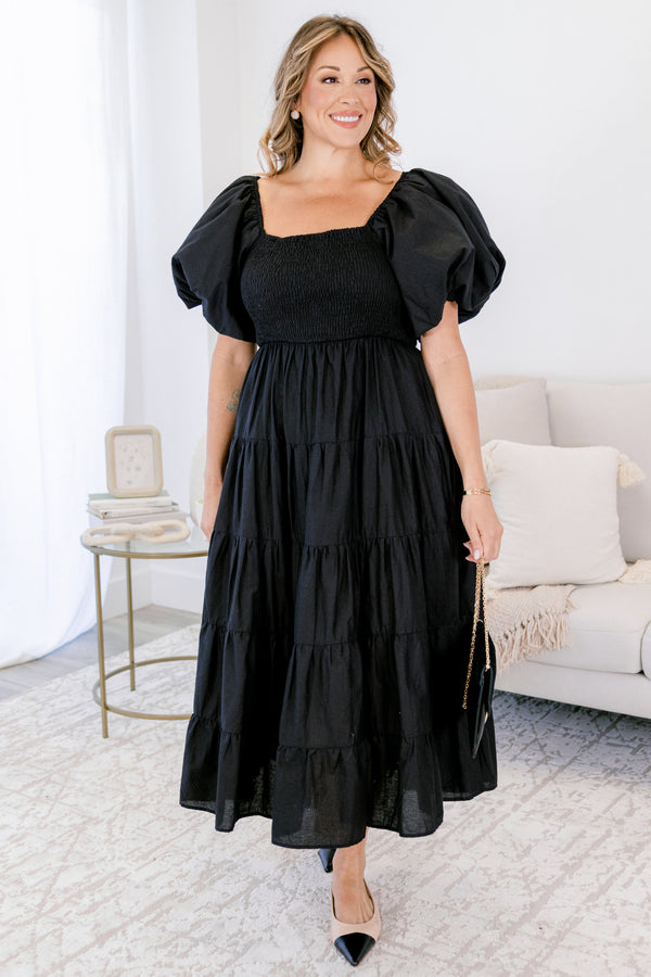 Chic Soul plus size clothing, short-puffed-sleeve black ruffled baby doll midi dress with a smocked bodice and a square-neckline 