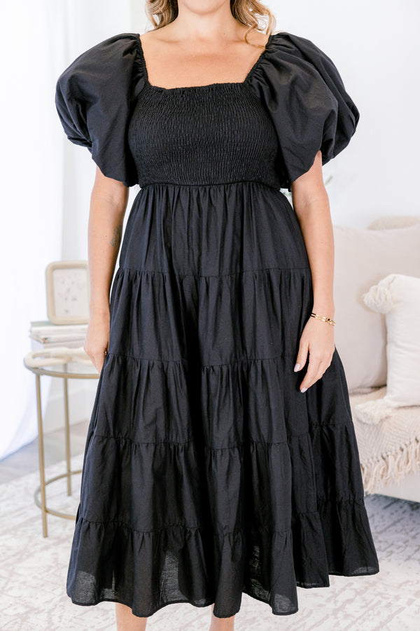 Chic Soul plus size clothing, short-puffed-sleeve black ruffled baby doll midi dress with a smocked bodice and a square-neckline 