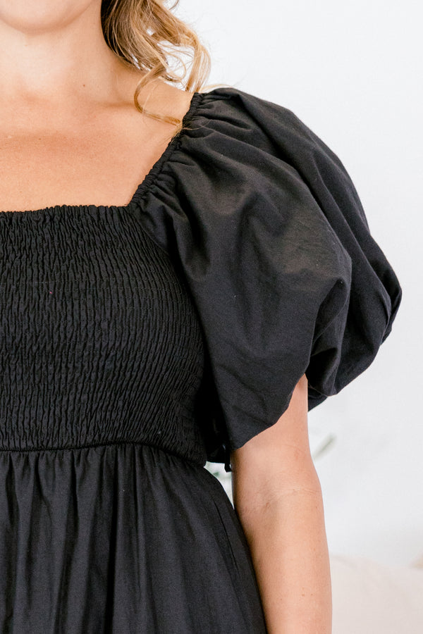 Chic Soul plus size clothing, short-puffed-sleeve black ruffled baby doll midi dress with a smocked bodice and a square-neckline 