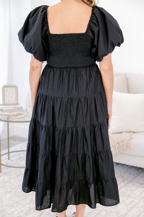 Chic Soul plus size clothing, short-puffed-sleeve black ruffled baby doll midi dress with a smocked bodice and a square-neckline 