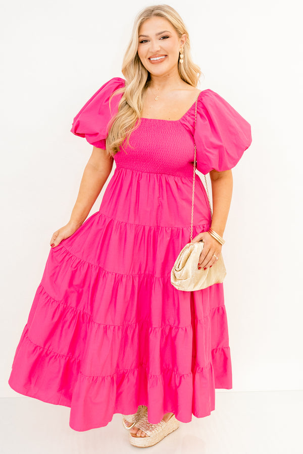Chic Soul plus size clothing, short-puffed-sleeve fuchsia pink ruffled baby doll midi dress with a smocked bodice and a square-neckline 