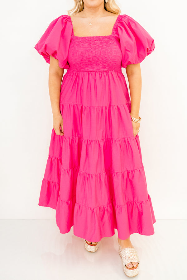 Chic Soul plus size clothing, short-puffed-sleeve fuchsia pink ruffled baby doll midi dress with a smocked bodice and a square-neckline 