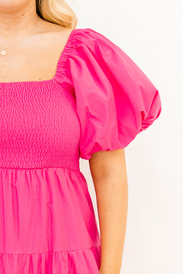 Chic Soul plus size clothing, short-puffed-sleeve fuchsia pink ruffled baby doll midi dress with a smocked bodice and a square-neckline 