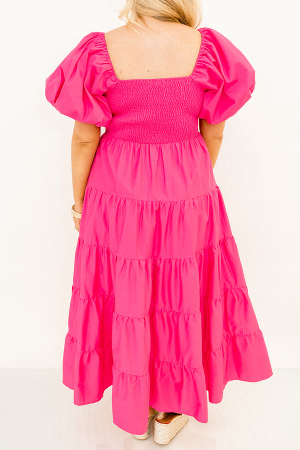 Chic Soul plus size clothing, short-puffed-sleeve fuchsia pink ruffled baby doll midi dress with a smocked bodice and a square-neckline 