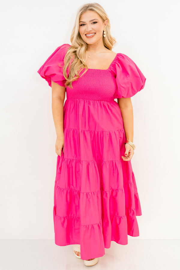 Chic Soul plus size clothing, short-puffed-sleeve fuchsia pink ruffled baby doll midi dress with a smocked bodice and a square-neckline 