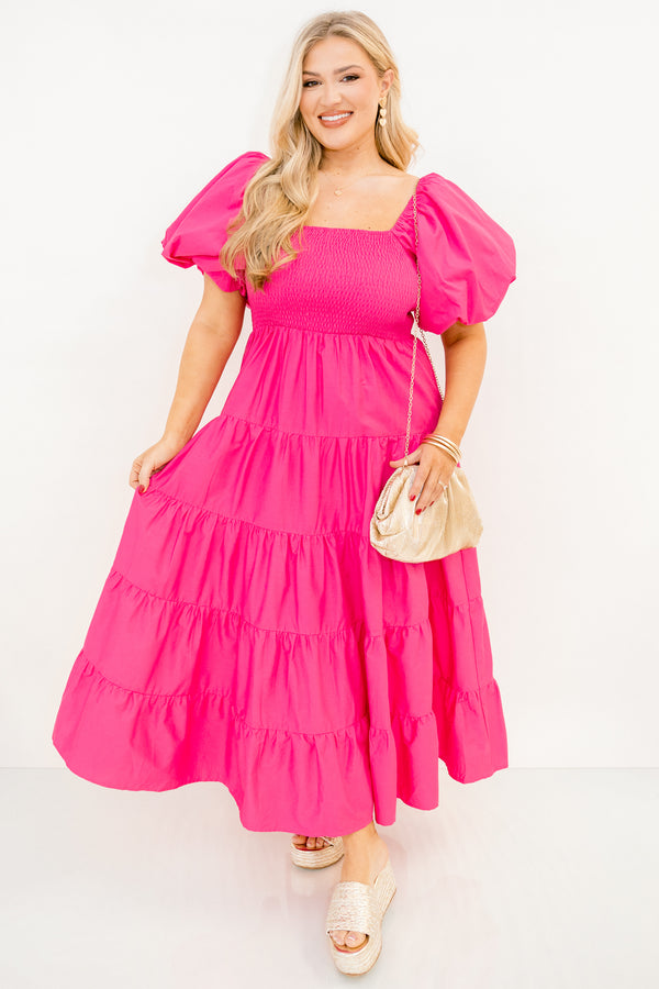 Chic Soul plus size clothing, short-puffed-sleeve fuchsia pink ruffled baby doll midi dress with a smocked bodice and a square-neckline 