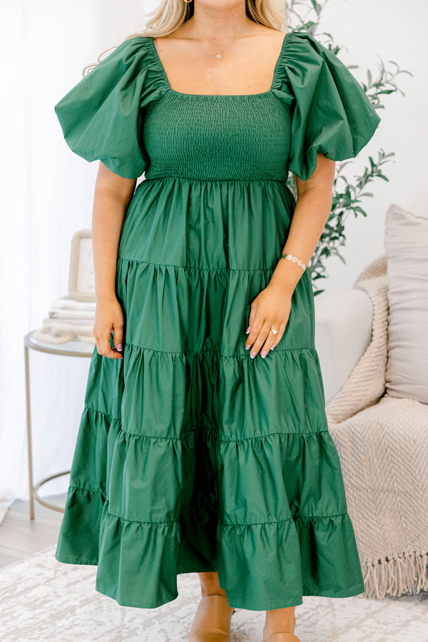 Chic Soul plus size clothing, hunter green puff short sleeve maxi dress with tiered skirt and smocked chest