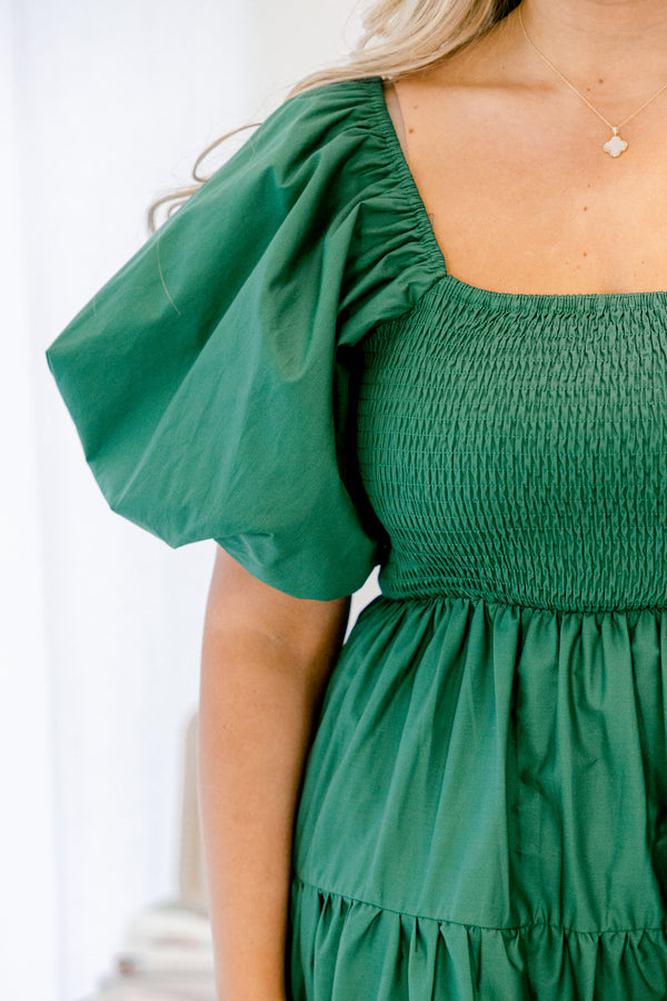 Chic Soul plus size clothing, hunter green puff short sleeve maxi dress with tiered skirt and smocked chest