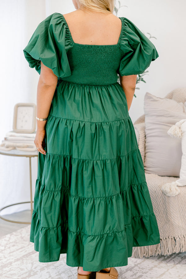 Chic Soul plus size clothing, hunter green puff short sleeve maxi dress with tiered skirt and smocked chest