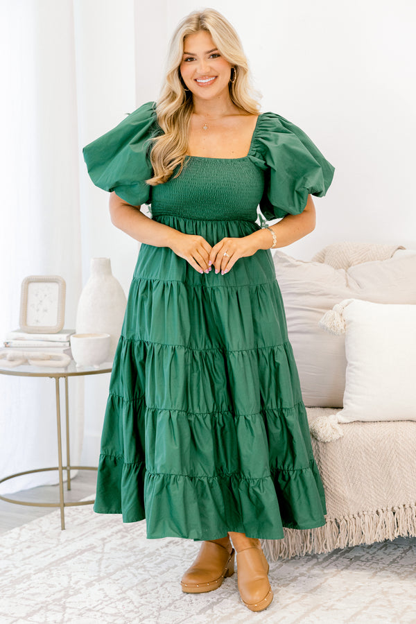 Chic Soul plus size clothing, hunter green puff short sleeve maxi dress with tiered skirt and smocked chest