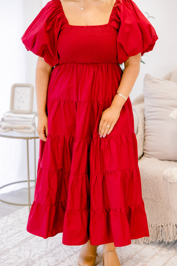 Chic Soul plus size clothing, red puff short sleeve and square neckline maxi dress with smocked chest
