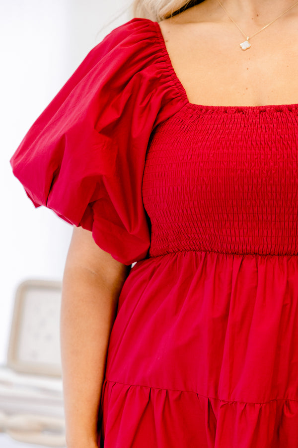 Chic Soul plus size clothing, red puff short sleeve and square neckline maxi dress with smocked chest