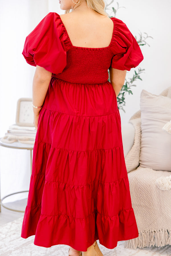 Chic Soul plus size clothing, red puff short sleeve and square neckline maxi dress with smocked chest