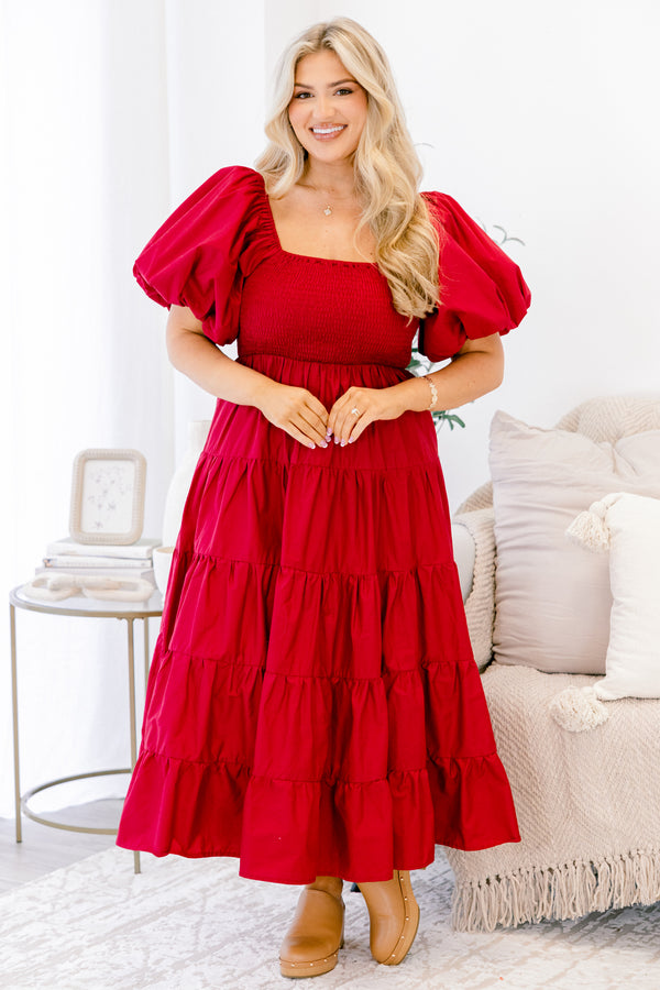 Chic Soul plus size clothing, red puff short sleeve and square neckline maxi dress with smocked chest