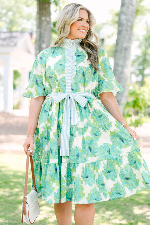 Plus Size green floral tiered midi dress with striped ruffle collar, sash belt, and flutter sleeves.