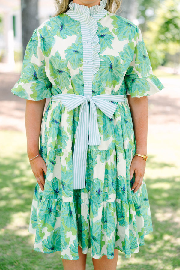Plus Size green floral tiered midi dress with striped ruffle collar, sash belt, and flutter sleeves.