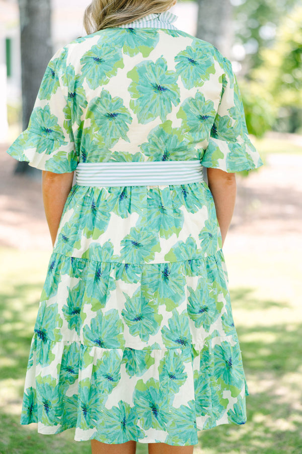 Plus Size green floral tiered midi dress with striped ruffle collar, sash belt, and flutter sleeves.