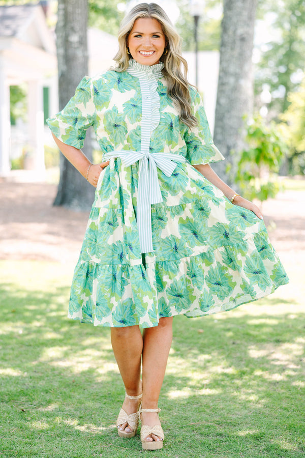 Plus Size green floral tiered midi dress with striped ruffle collar, sash belt, and flutter sleeves.