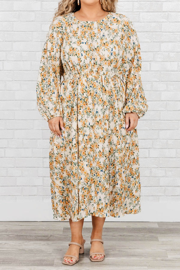Chic Soul Plus size clothing, Ivory ankle length dress with long sleeves, high neck and yellow floral print.