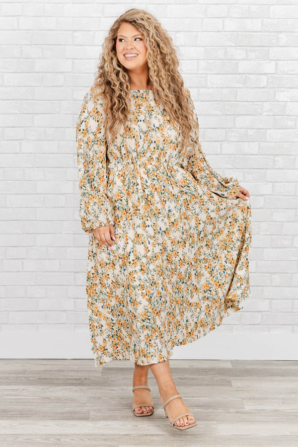 Chic Soul Plus size clothing, Ivory ankle length dress with long sleeves, high neck and yellow floral print.