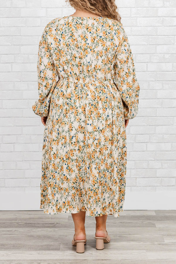 Chic Soul Plus size clothing, Ivory ankle length dress with long sleeves, high neck and yellow floral print.