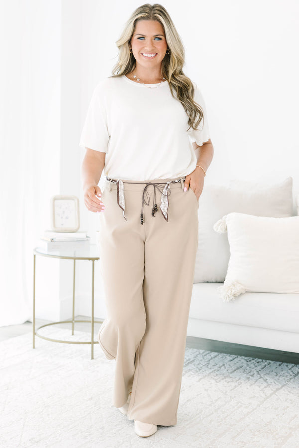 Plus Size khaki wide-leg pants featuring a high waist and a decorative beaded tie belt.