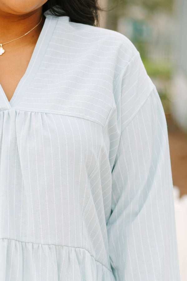 Chic Soul plus size clothing, light green long sleeve babydoll top with light stripes and bell sleeves