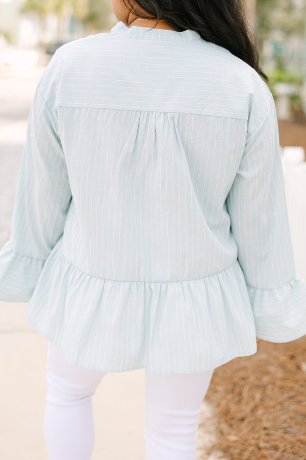 Chic Soul plus size clothing, light green long sleeve babydoll top with light stripes and bell sleeves