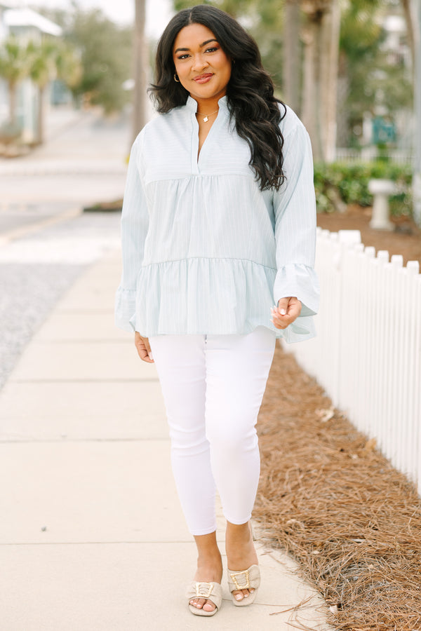 Chic Soul plus size clothing, light green long sleeve babydoll top with light stripes and bell sleeves