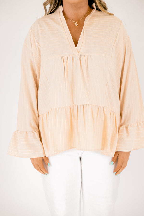 Chic Soul plus size clothing, light tan long sleeve tiered baby doll blouse with deep v neckline and ruffle sleeves