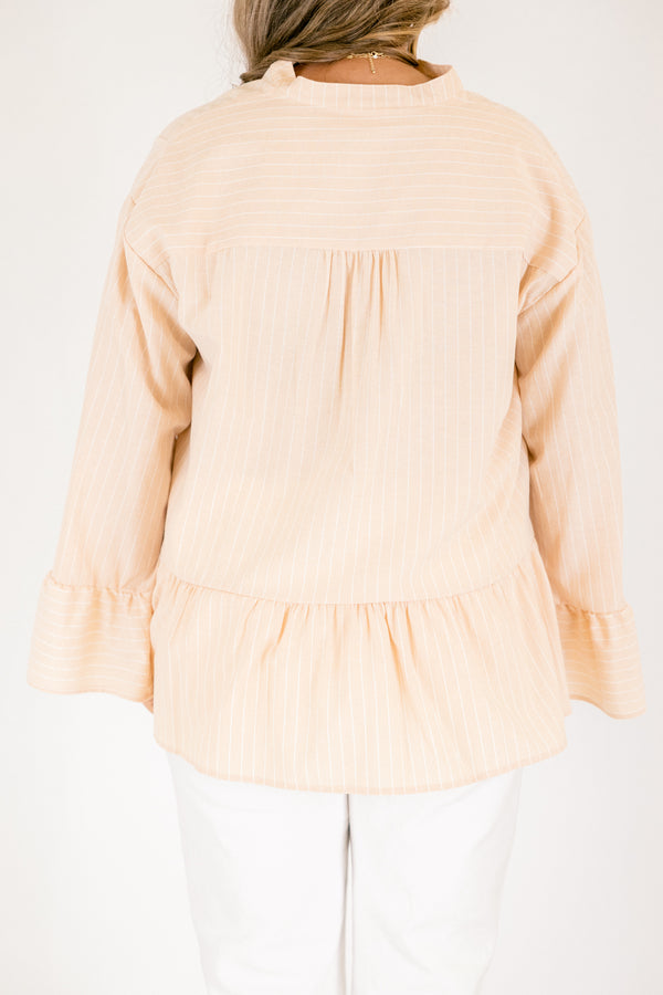 Chic Soul plus size clothing, light tan long sleeve tiered baby doll blouse with deep v neckline and ruffle sleeves