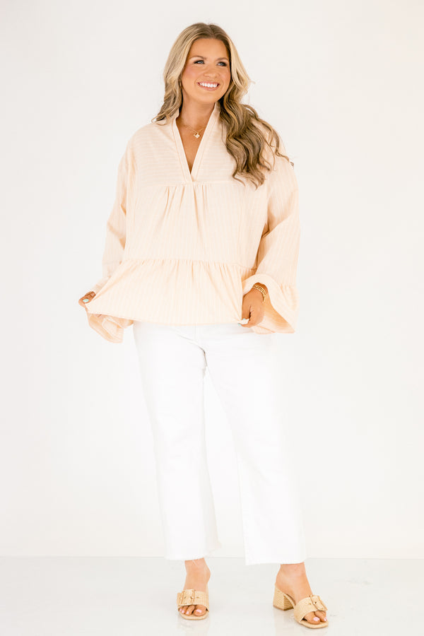 Chic Soul plus size clothing, light tan long sleeve tiered baby doll blouse with deep v neckline and ruffle sleeves