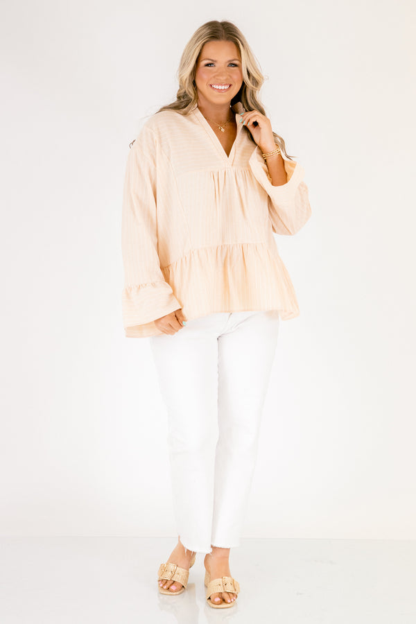 Chic Soul plus size clothing, light tan long sleeve tiered baby doll blouse with deep v neckline and ruffle sleeves