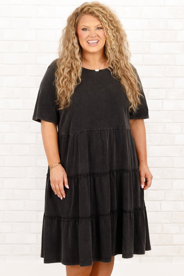 Chic Soul plus size clothing, flowy black short sleeve tiered dress with ruffle detailing