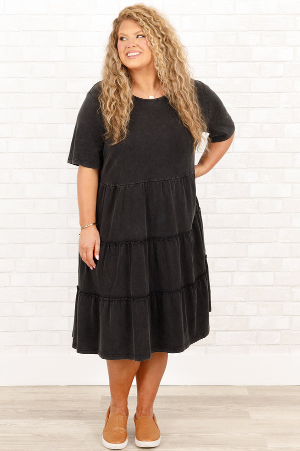 Chic Soul plus size clothing, flowy black short sleeve tiered dress with ruffle detailing