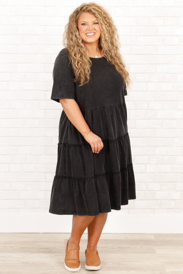 Chic Soul plus size clothing, flowy black short sleeve tiered dress with ruffle detailing