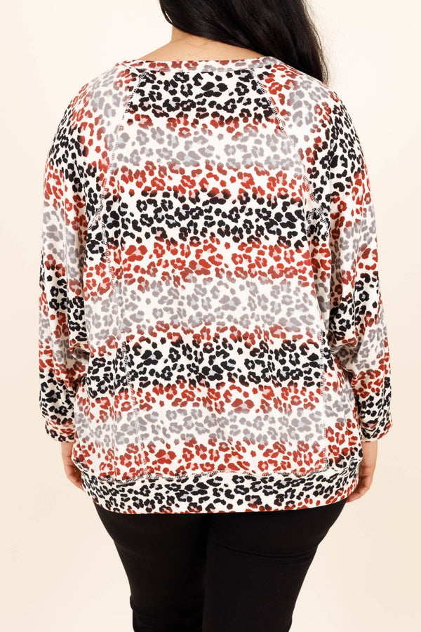 Chic Soul plus size clothing, burgundy and black striped animal print long sleeve top