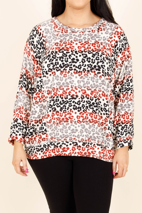 Chic Soul plus size clothing, burgundy and black striped animal print long sleeve top