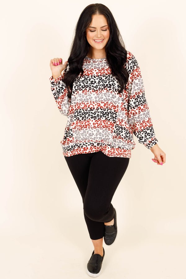 Chic Soul plus size clothing, burgundy and black striped animal print long sleeve top