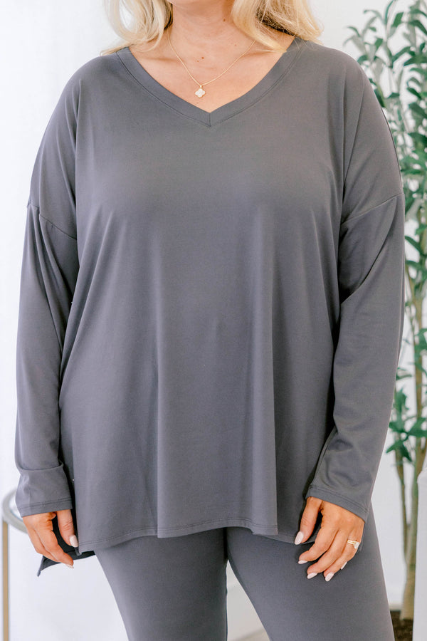 Chic Soul plus size clothing, ash grey stretchy top and leggings lounge set