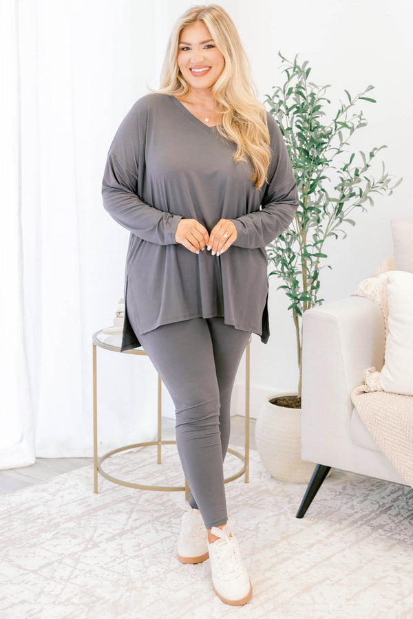 Chic Soul plus size clothing, ash grey stretchy top and leggings lounge set