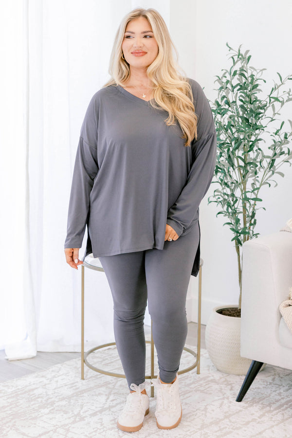 Chic Soul plus size clothing, ash grey stretchy top and leggings lounge set