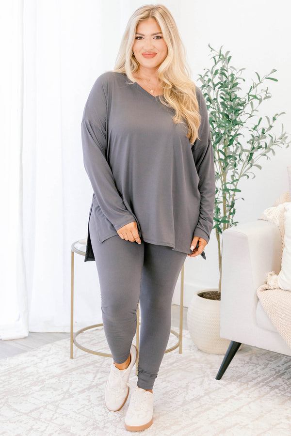 Chic Soul plus size clothing, ash grey stretchy top and leggings lounge set