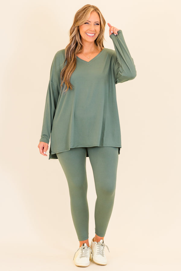 Chic Soul plus size clothing, long-sleeve ash jade green matching top and leggings set with v-neckline