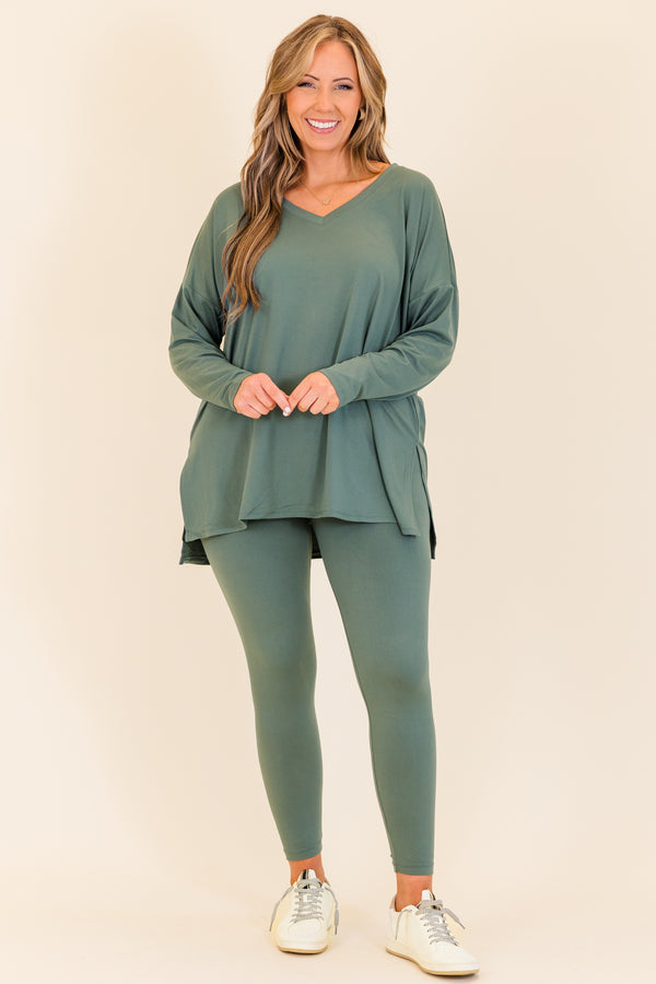 Chic Soul plus size clothing, long-sleeve ash jade green matching top and leggings set with v-neckline