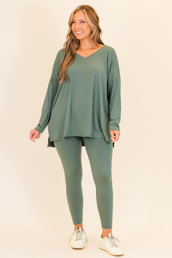Chic Soul plus size clothing, long-sleeve ash jade green matching top and leggings set with v-neckline