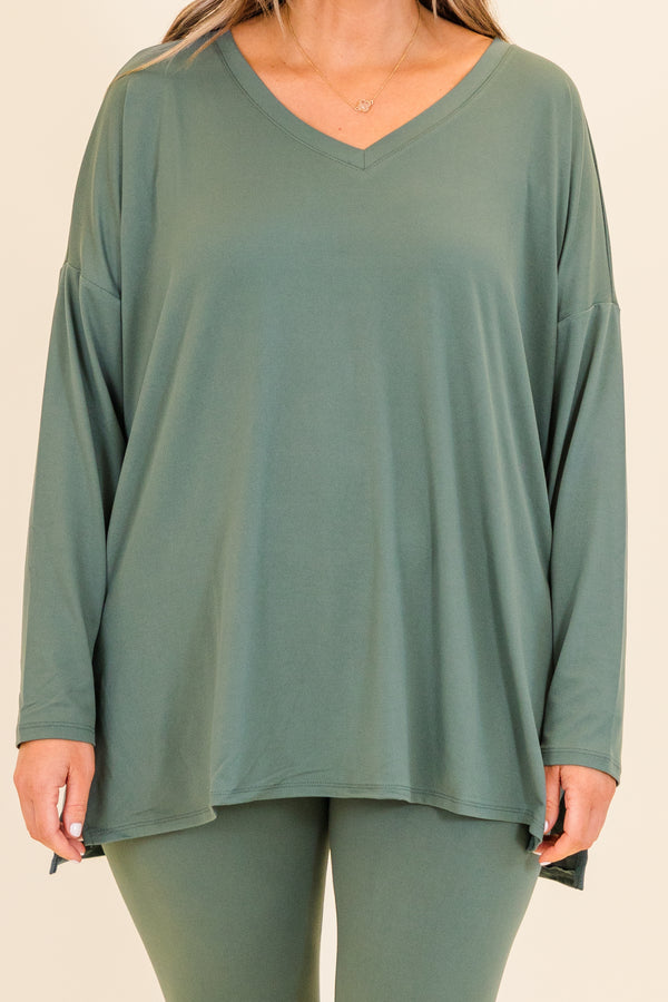Chic Soul plus size clothing, long-sleeve ash jade green matching top and leggings set with v-neckline