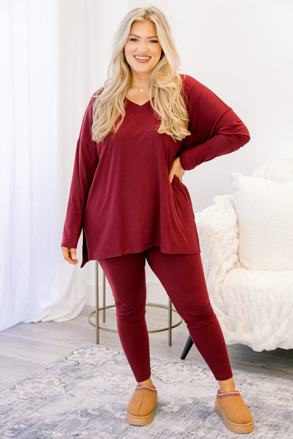 Chic Soul plus size clothing dark red long sleeve tunic and leggings matching set 