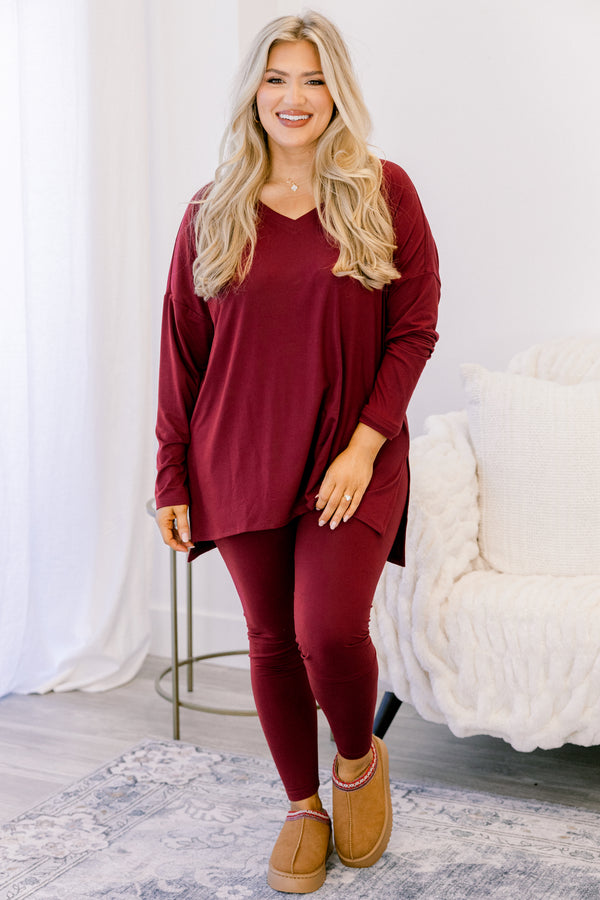 Chic Soul plus size clothing dark red long sleeve tunic and leggings matching set 